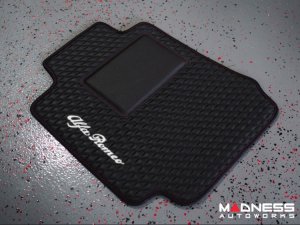 Alfa Romeo Giulia Floor Mats - Italian Leather - Front - Black w/ Red Stitching - White Script